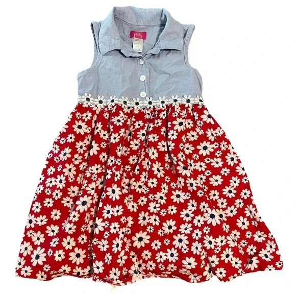 Pinky Girl USA Red White Blue Floral Denim Sleeveless Dress Light Causal SZ 5 - Picture 1 of 5